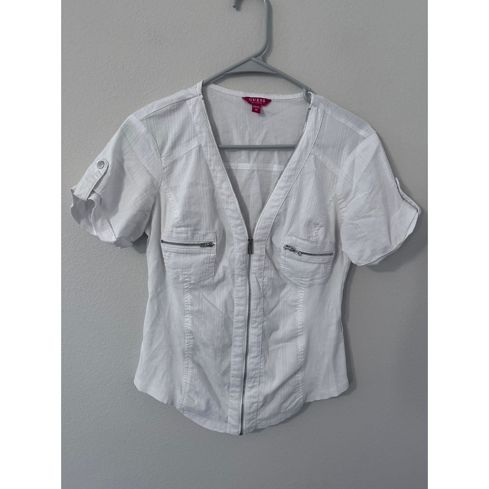Guess Zip Up Top Size M White Excellent Short Sleeve Textured V-Neck Q2GH01WD8O0